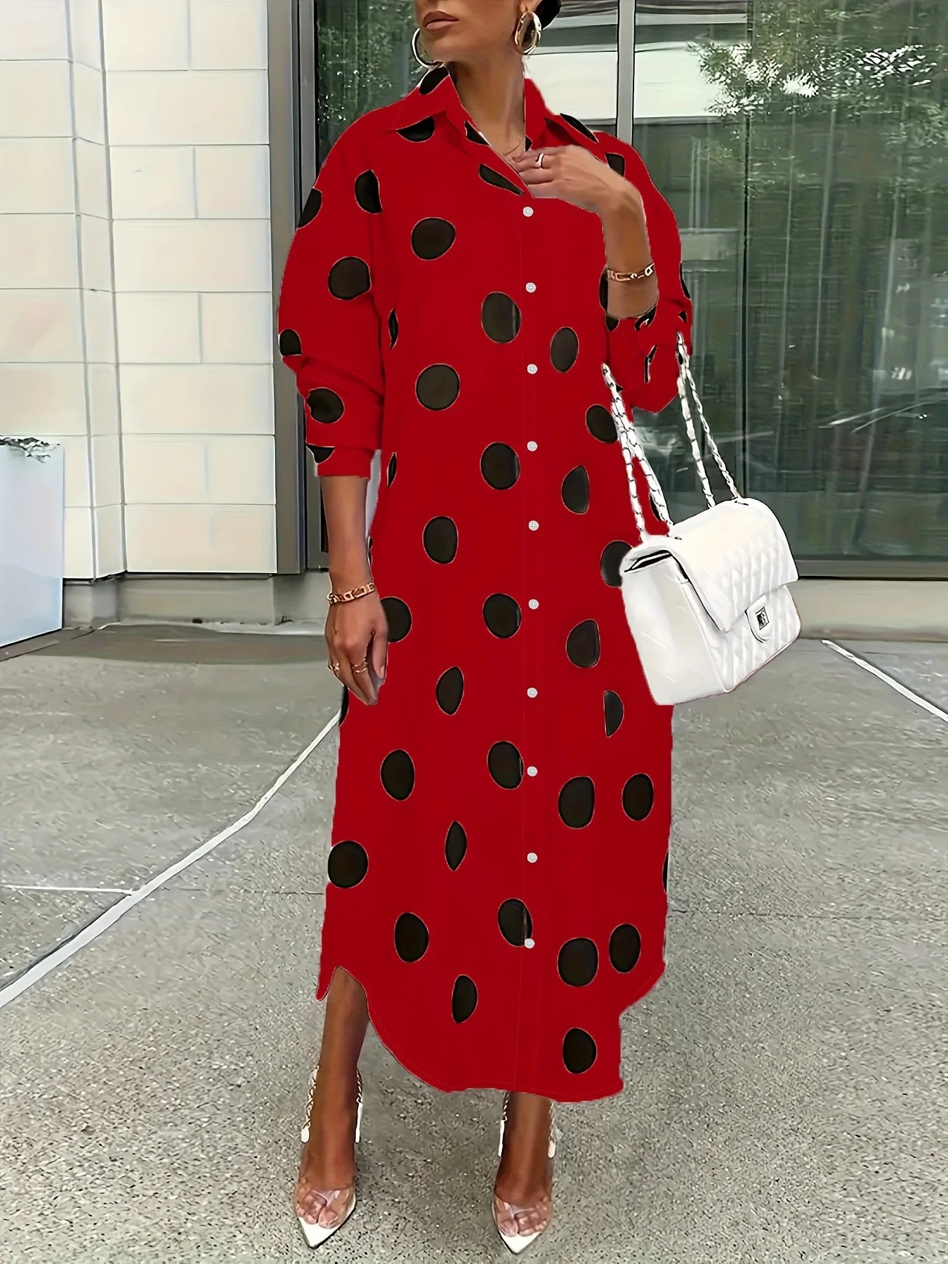 Women Polka Dot Lapel Single Breasted Midi Shirt Dress