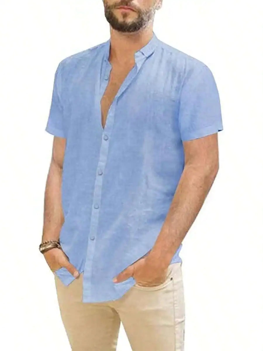 Mens Casual Linen Button Down Short Sleeve Shirt Beach Summer Spread Collar