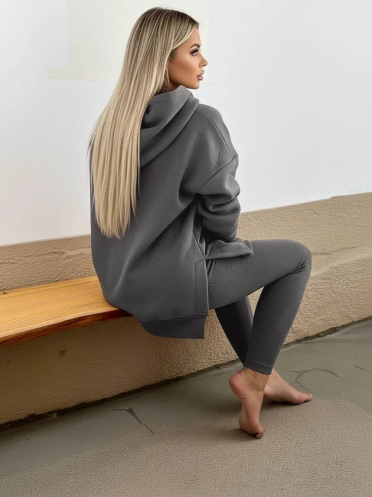 Women's Hooded Pocket Top And Leggings Set For Casual Wear