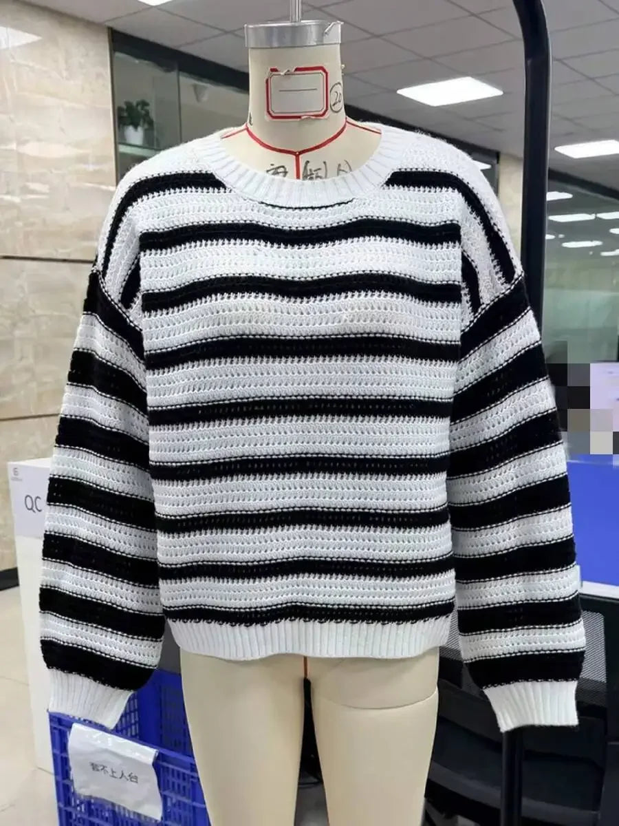 Oversized Striped Knit Sweater Long Sleeve Crew Neck Pullover Casual Vintage Preppy Style