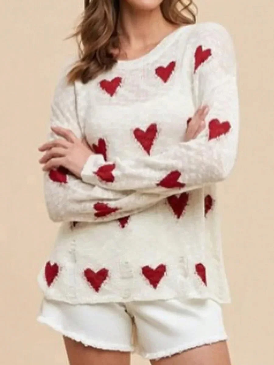 Women Casual Heart Print Ripped Knit Long Sleeve Pullover Sweater For Fall Streetwear