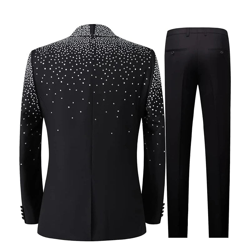 Men's 2-Piece Double-Breasted Shawl Lapel Suit Set - Slim Fit Polyester Silky Wrinkle-Resistant Handmade Tuxedo with Rhinestone Beads, Jacket & Dress Pants for Weddings, Party Wea