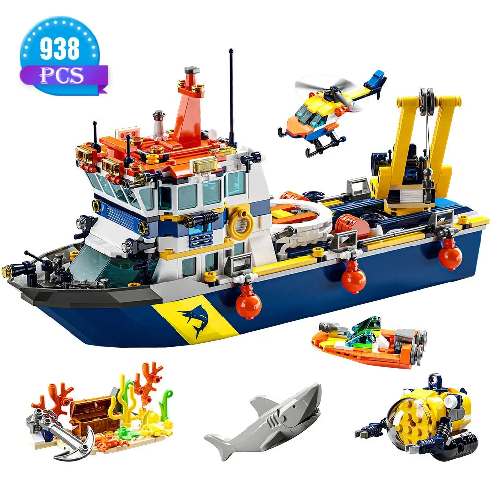 City Ocean Explorer Ship Building Set,Fun Toy Exploration Boat Building Block Kit,Helicopter, Submarine, Birthday Gifts