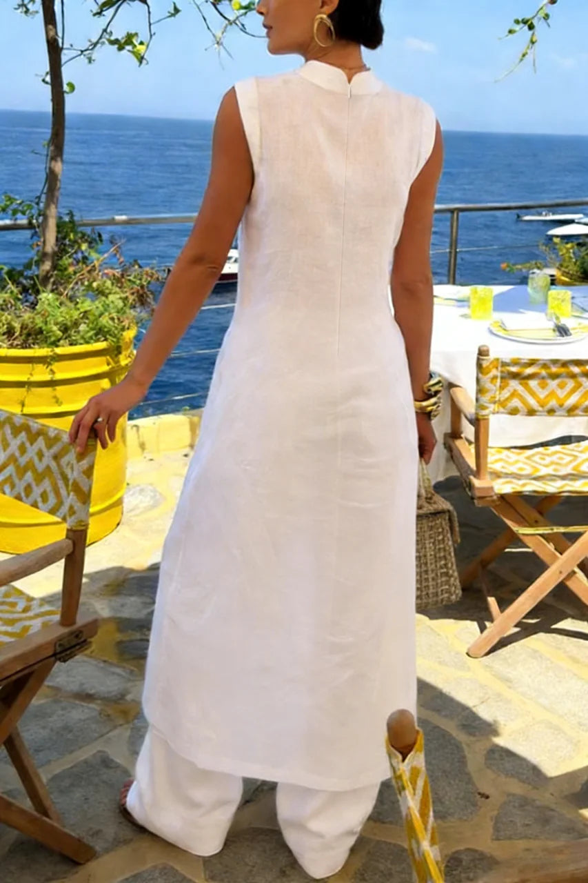 Classy Style Women Summer Stand Collar Sleeveless Front Split Long Tunic Wide Leg Pants Set