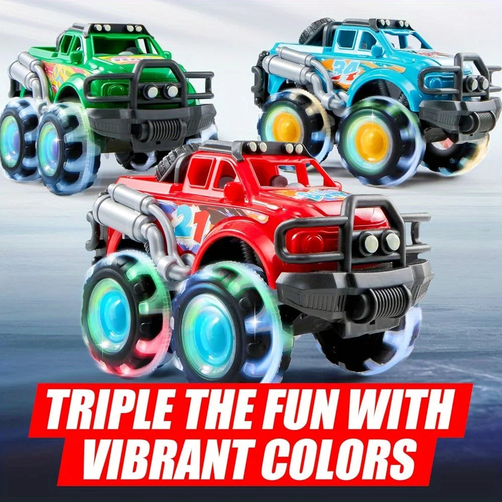 JOYFY 3Pack Kids Monster Truck Toy with Flashing LED Wheels Light-Up Cars for Toddlers Birthday Christmas Gift Friction-Powered