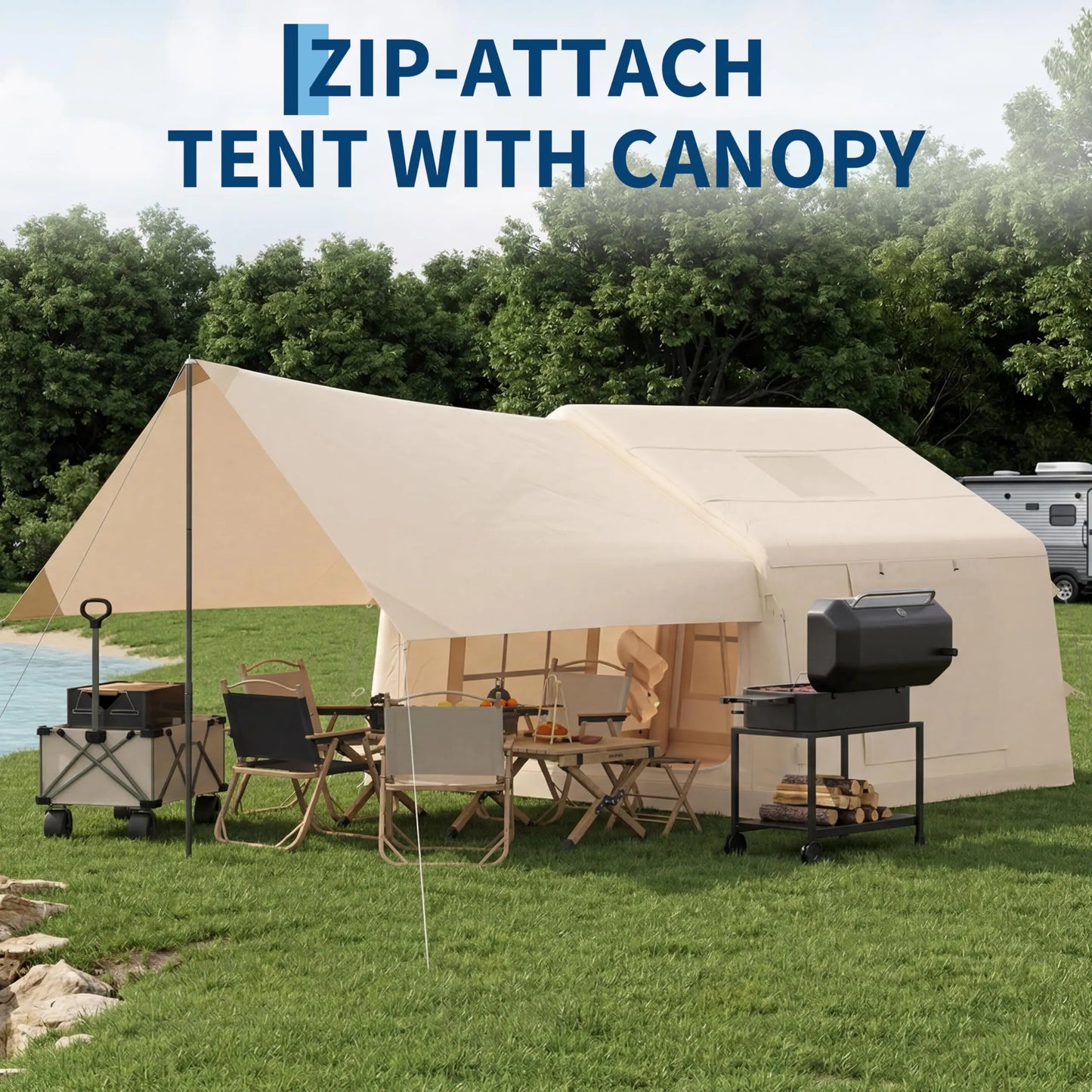 6-8 Person Inflatable Camping Tent with Chimney Opening and Sky Light PU 10000mm Waterproof Windproof Oxford Air Tent with Pump Easy Setup Large Blow Up Tent 316x250x220cm