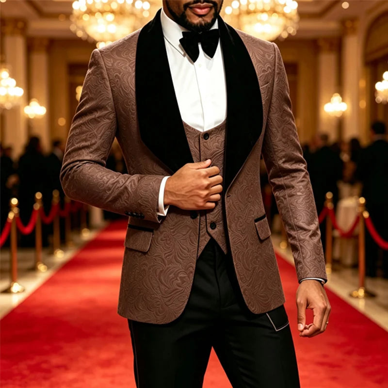 Slim Fit Men 3Pcs Jacquard Tuxedo Suit, Shawl Lapel Blazer+Vest+Pants, Formal Wedding Groom Suit, Multi Color White Red Khaki Violet Black