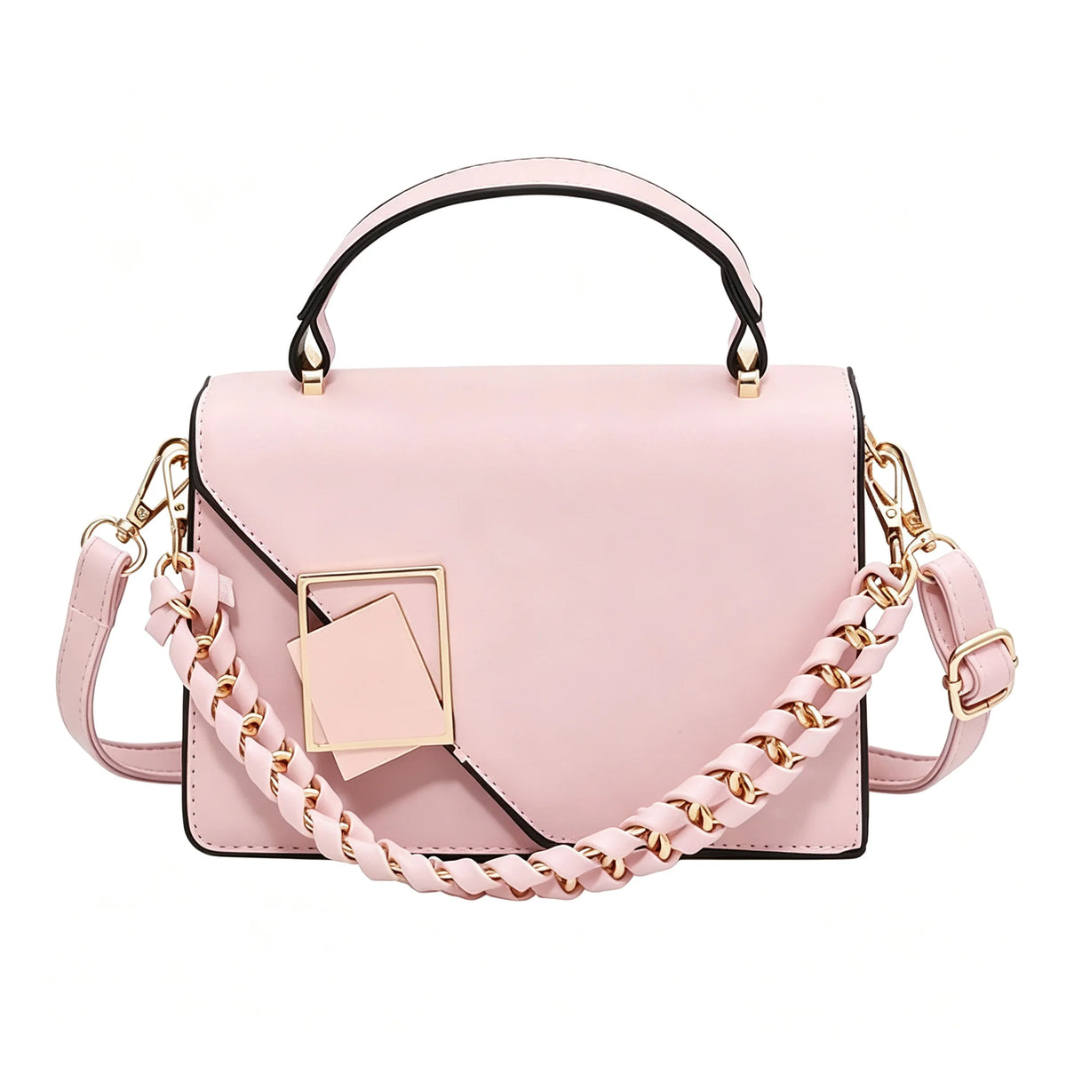 Women Small Square Handbag PU Leather Chain Shoulder Crossbody Bag Geometric Metal Lock Flap Top‑Handle Purse For Daily Work Shopping