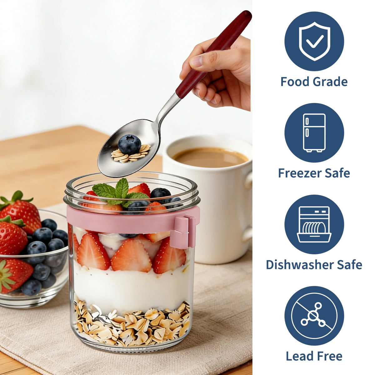 16oz Overnight Oats Jars with Lid and Spoon, Leak Proof Glass Breakfast Cup with Measurement, Portable Yogurt Cereal Container for Travel Office