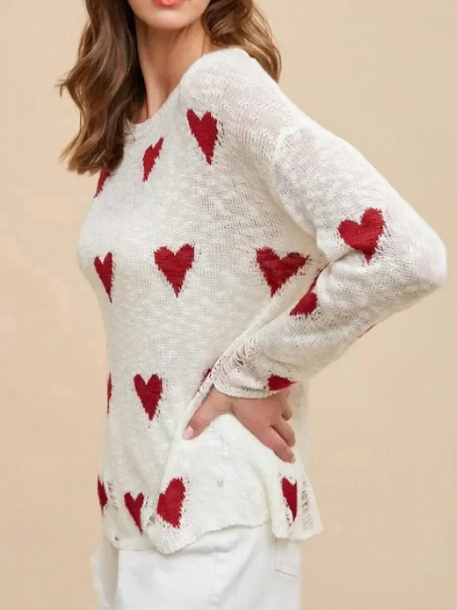 Women Casual Heart Print Ripped Knit Long Sleeve Pullover Sweater For Fall Streetwear