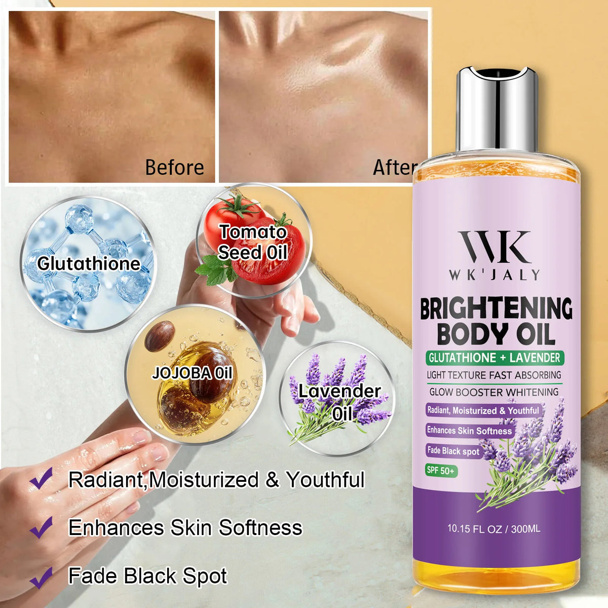 WK JALY Lightening Body Oil, Deeply Moisturizing, Hydration, Smooth Skin, Reduce Spots, Melanin, for Dark, Black, Caramel Skin