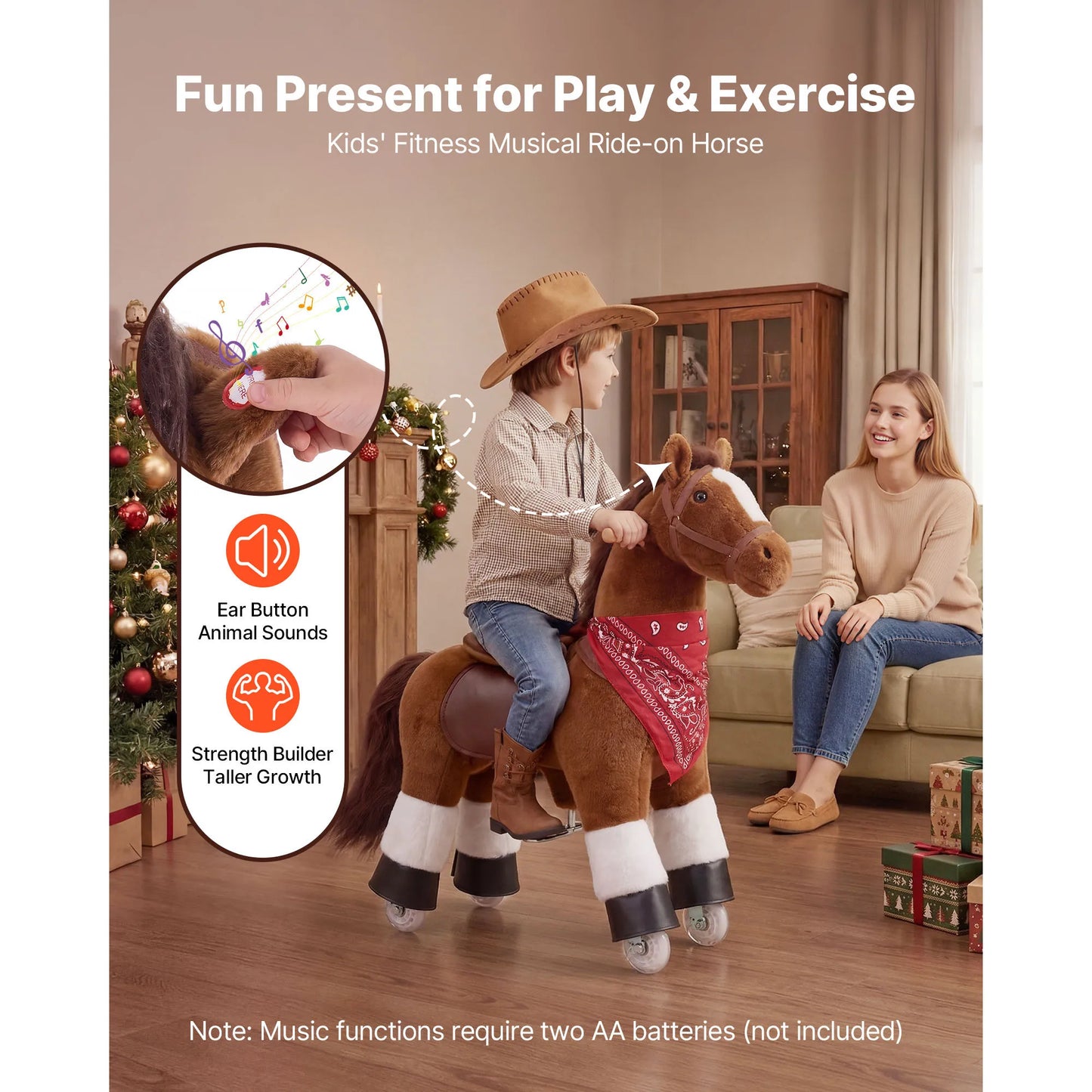 SucceBuy 110/176 lbs Kids Ride On Horse Smooth Wheels with Anti-Roll Stop Ring & Handles Pedals Riding Pony Toys for Children