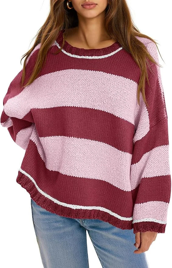 Fisoew Womens Oversized Sweaters Casual Long Sleeve Striped Color Block Crewneck Knitted Loose Fall Pullover Tops