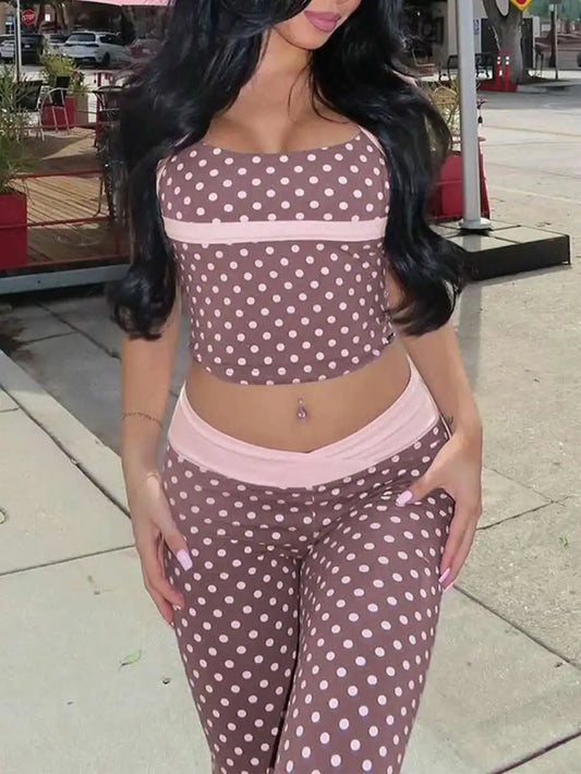 Womens Polka Dot 2-Piece Casual Outfit Street Style For Vacation Party Spring Summer Pink