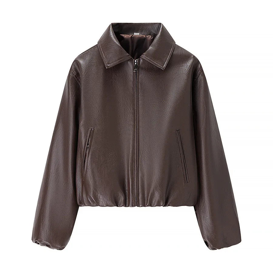 Women's Relaxed Leather Jacket With Long Sleeves And Turn-Down Collar