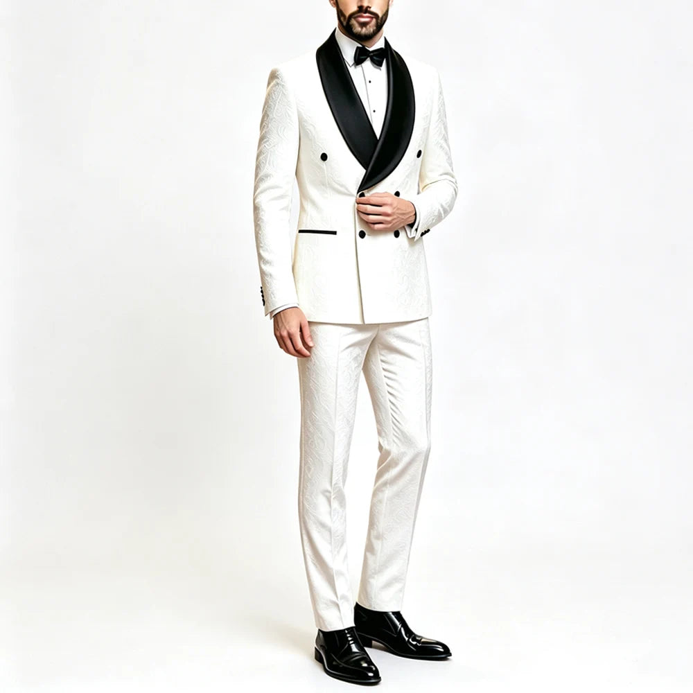 Men Double Breasted White Jacquard Tuxedo 2PCS Black Satin Shawl Lapel Suit Jacket Pants Formal Prom Banquet Wedding Groom Outfit
