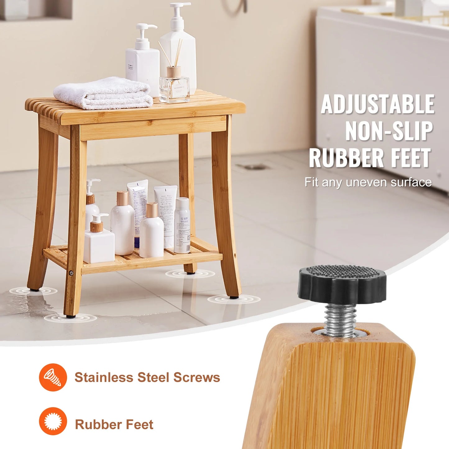 SucceBuy Bamboo Shower Bench With Storage Shelf 330lb Capacity
