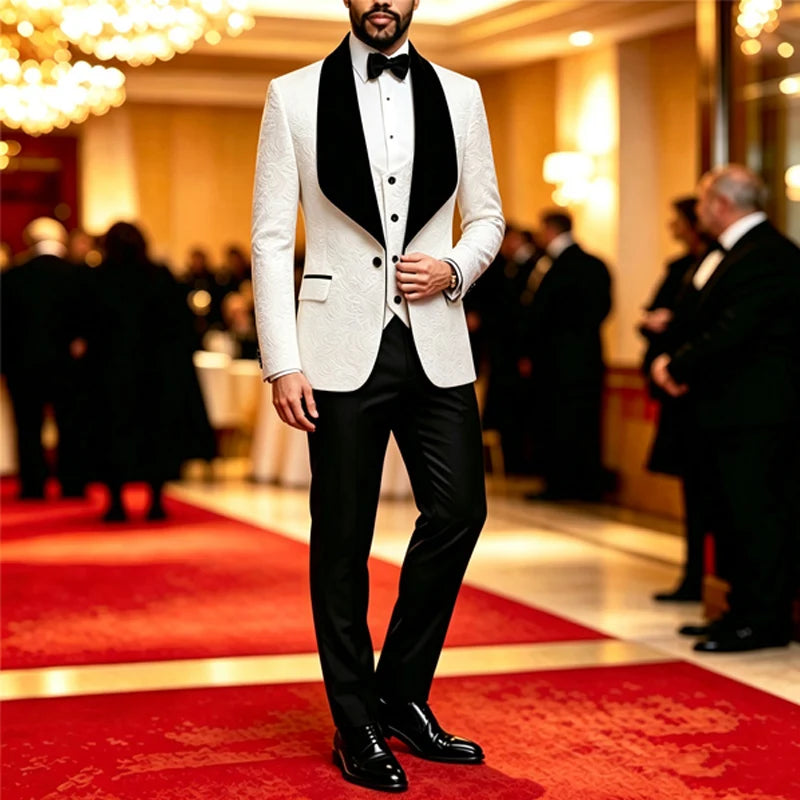 Slim Fit Men 3Pcs Jacquard Tuxedo Suit, Shawl Lapel Blazer+Vest+Pants, Formal Wedding Groom Suit, Multi Color White Red Khaki Violet Black