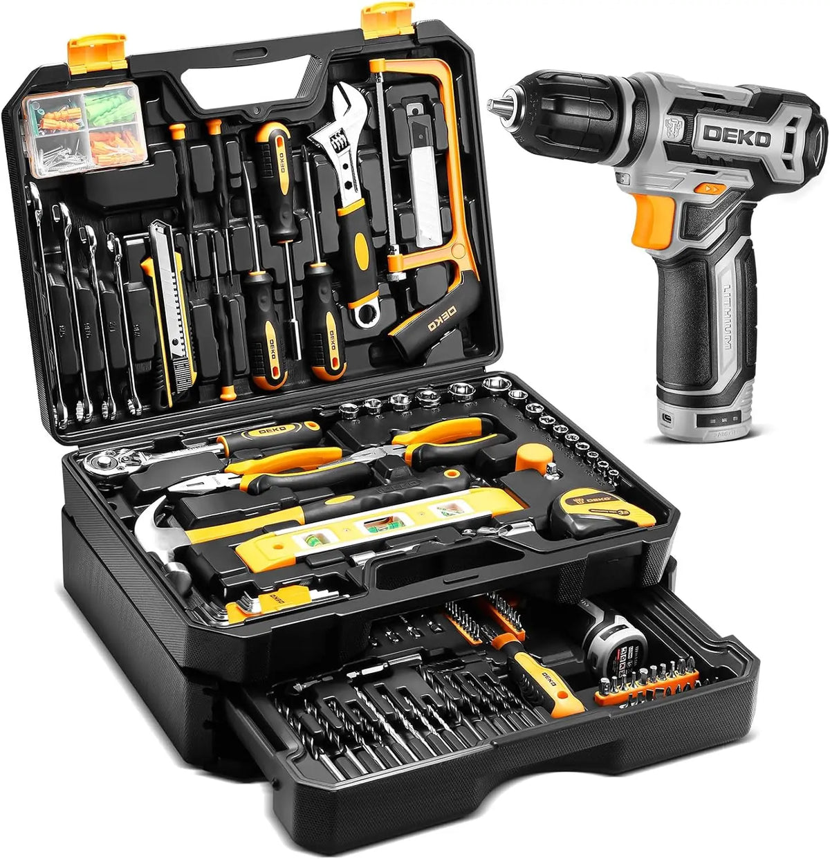 DEKO Cordless Drill Toolbox and Household Repair Tool Set