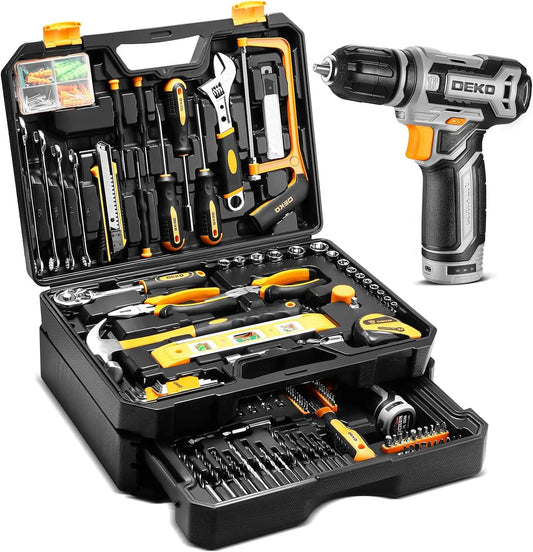 DEKO Cordless Drill Toolbox and Household Repair Tool Set