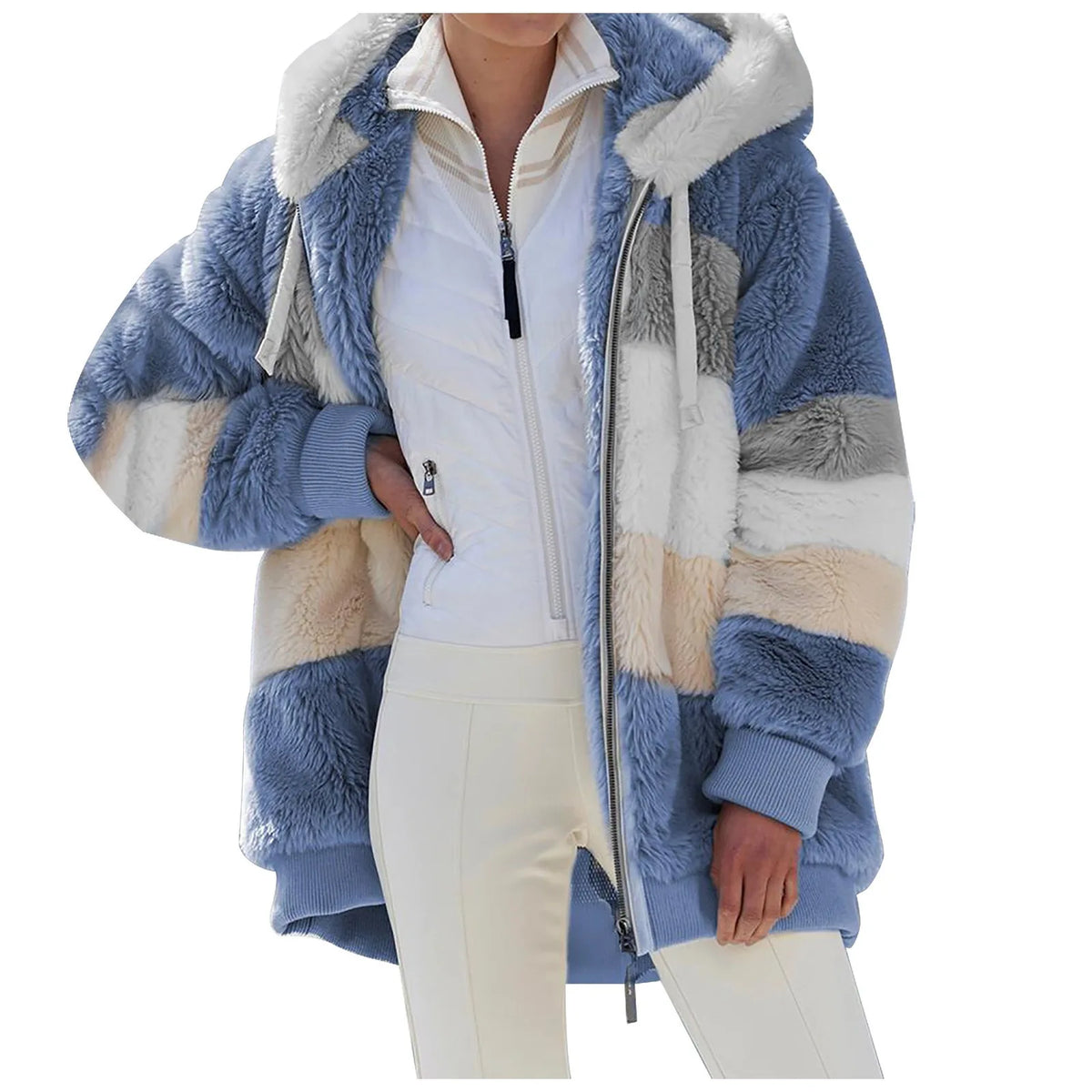 Women's Plaid Quilted Hooded Plush Jacket With Zipper Pockets