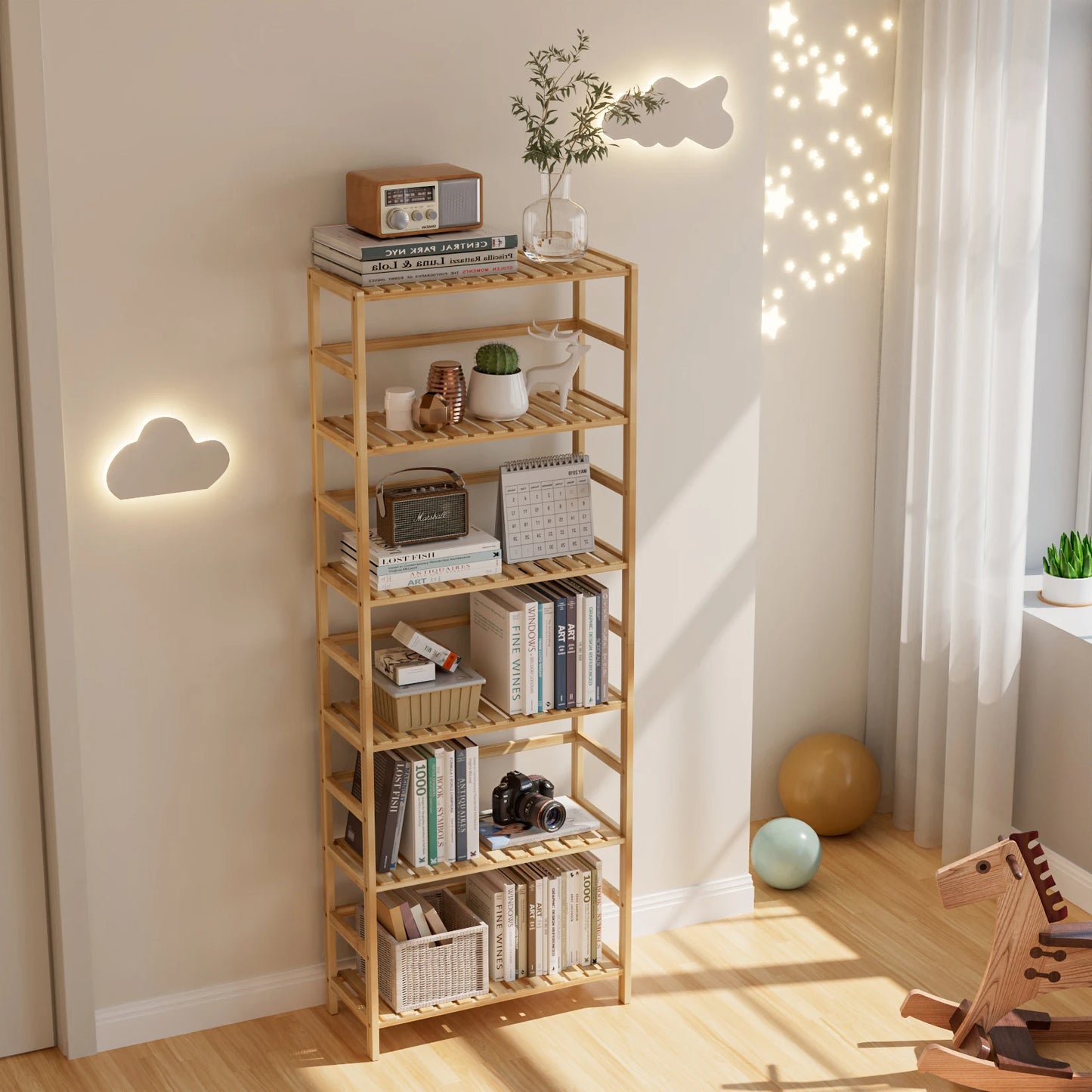Six Tier Bamboo Bookshelf Free Standing Flower Rack Adjustable Shelves