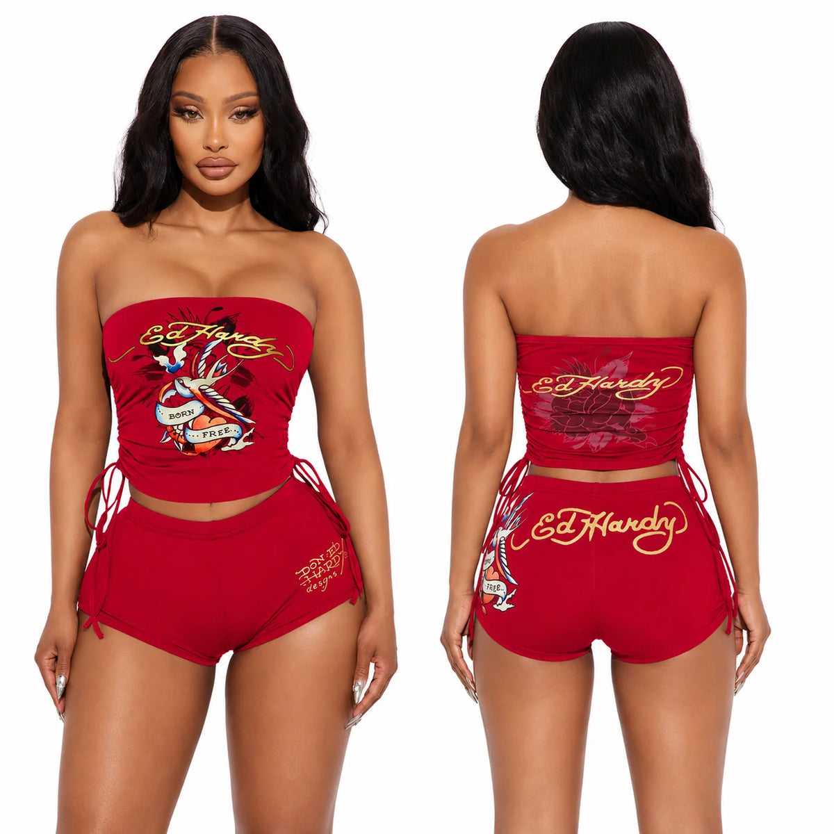 English: Women 2 Piece Y2K Outfits Vintage Tattoo Graphic Strapless Tube Top High Cut Shorts Set Adjustable Drawstring Ruched Crop Top Casual Going Out Tracksuit
