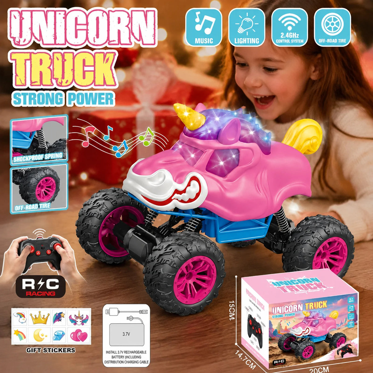 Unicorn RC Monster Truck 2.4GHz Remote Control Stunt Car with LED Lights Music 360° Rotation Off Road Vehicle Kids Birthday Gift