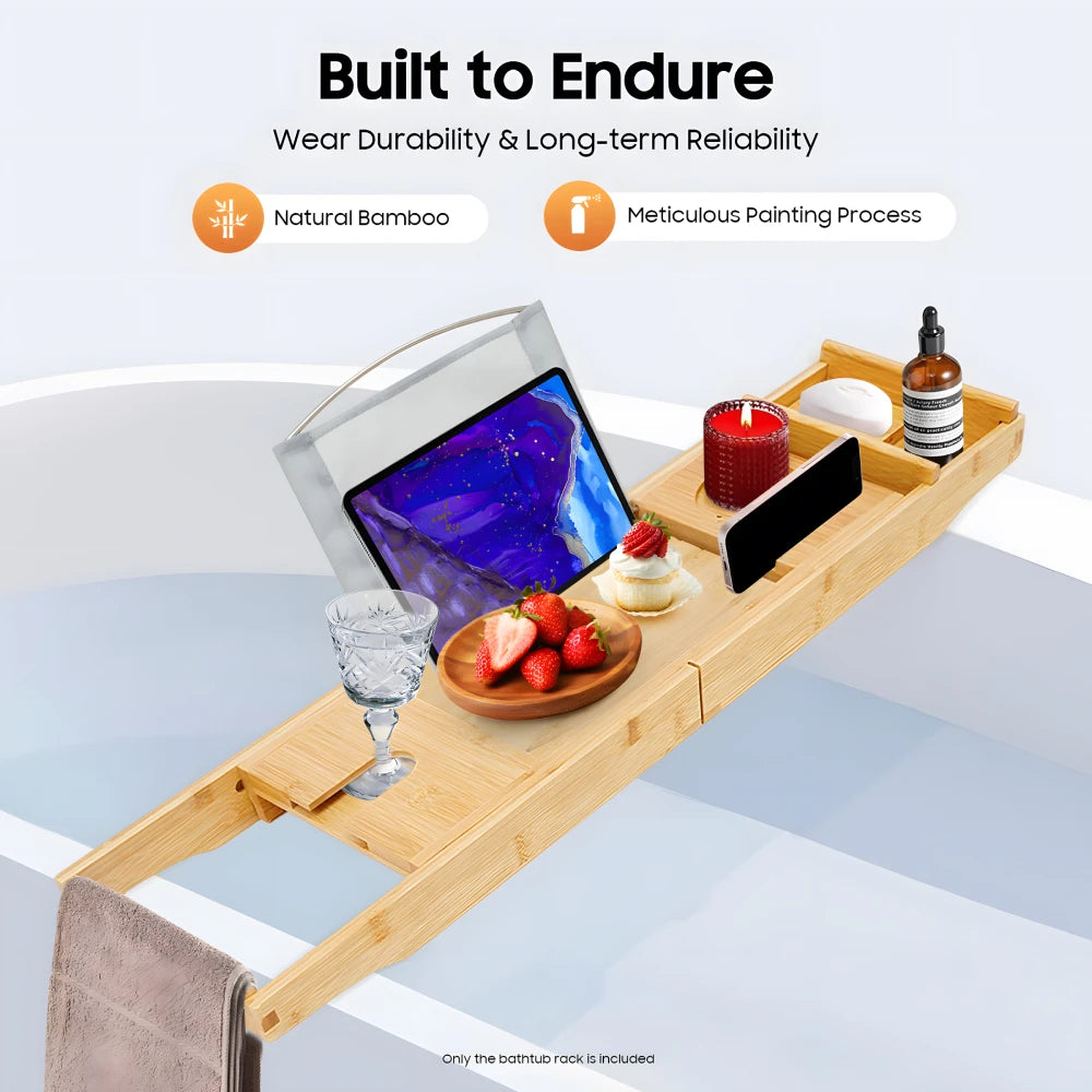 Bymaocar Bamboo Bathtub Tray Expandable Bath Organizer With Tablet Holder