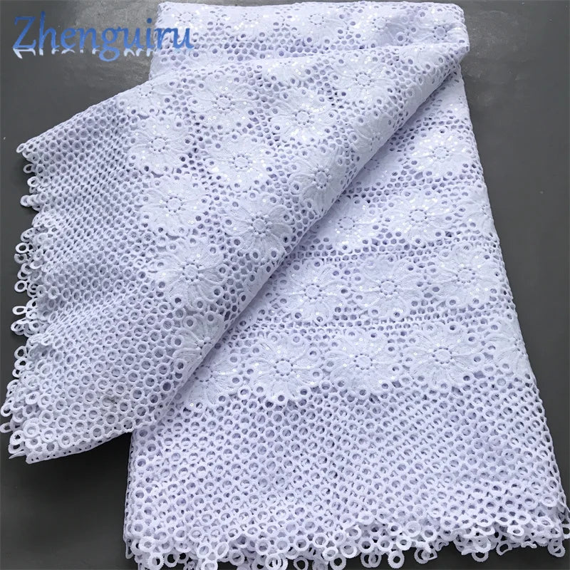 Pure White Nigerian Guipure Lace Fabric Water Soluble African Sequin Cord
