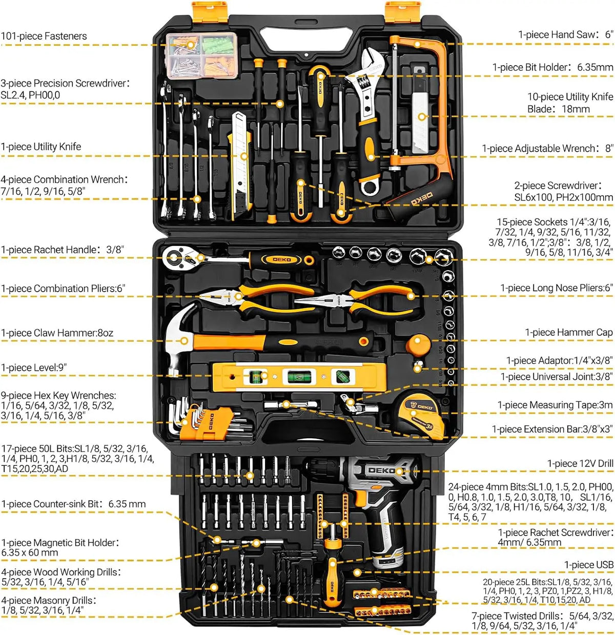 DEKO Cordless Drill Toolbox and Household Repair Tool Set