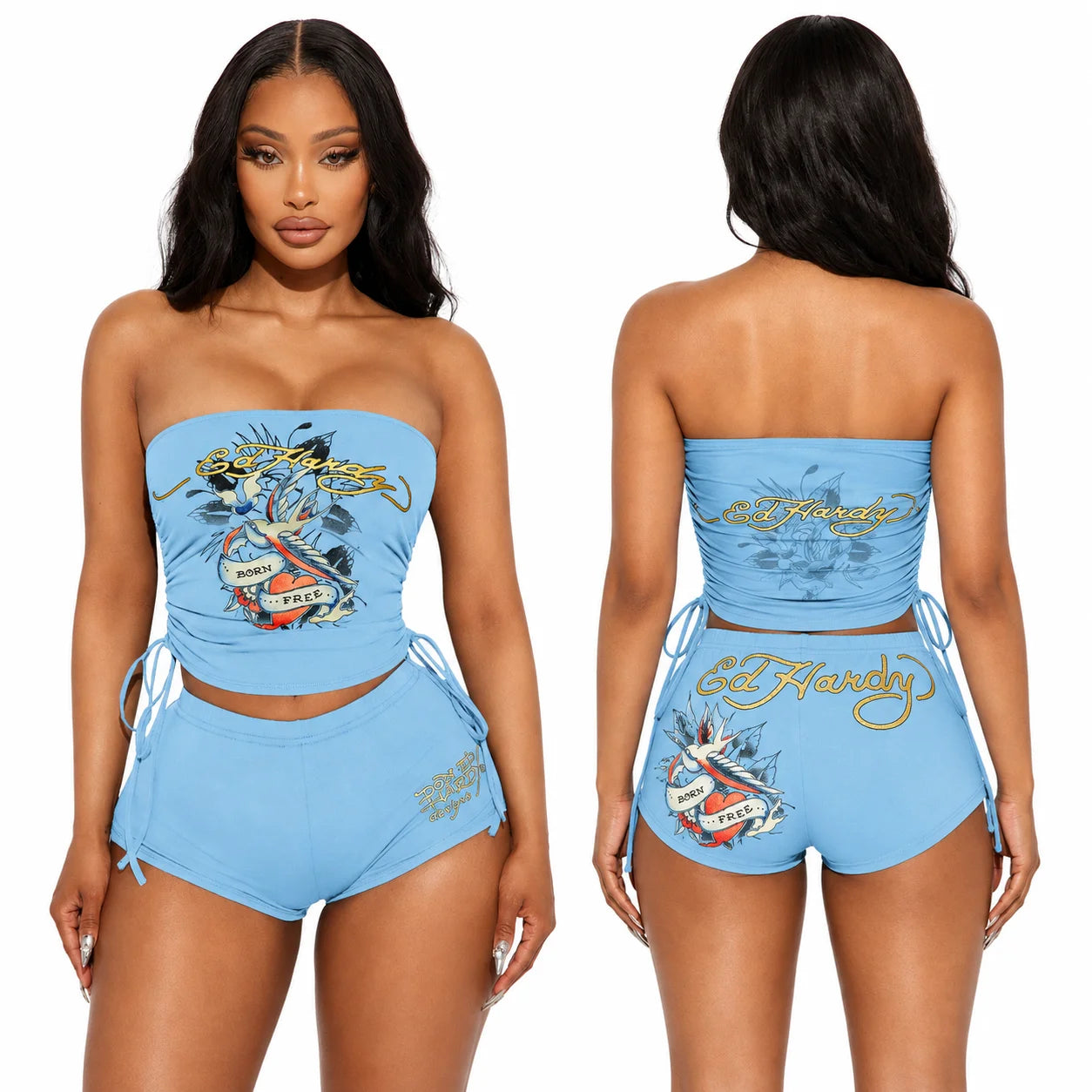 English: Women 2 Piece Y2K Outfits Vintage Tattoo Graphic Strapless Tube Top High Cut Shorts Set Adjustable Drawstring Ruched Crop Top Casual Going Out Tracksuit