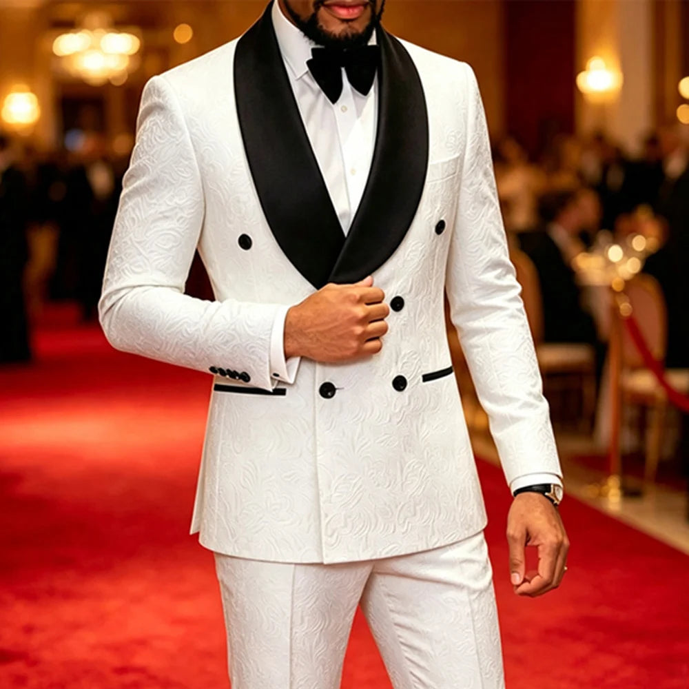 Men Double Breasted White Jacquard Tuxedo 2PCS Black Satin Shawl Lapel Suit Jacket Pants Formal Prom Banquet Wedding Groom Outfit