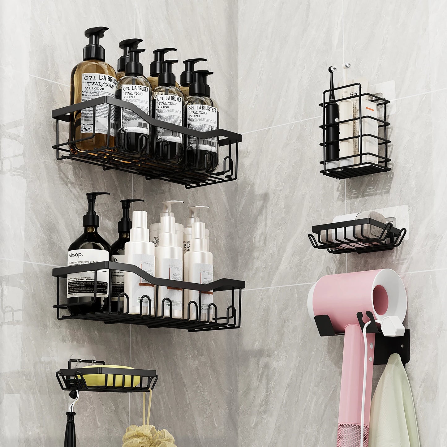 Stainless Steel Wall Mounted Bathroom Shelf Organizer 6 Pack