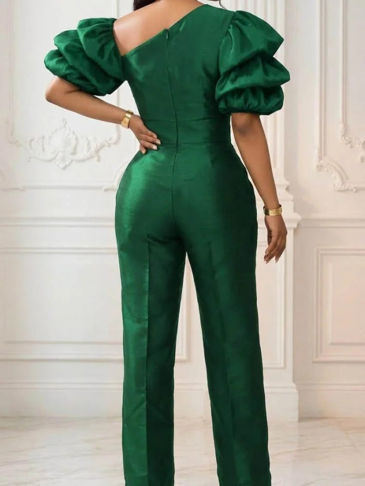 Autumn Winter Women One Shoulder Puff Sleeve Jumpsuit High Waist Straight Leg Jumpsuit For Party Banquet Formal Event Attire