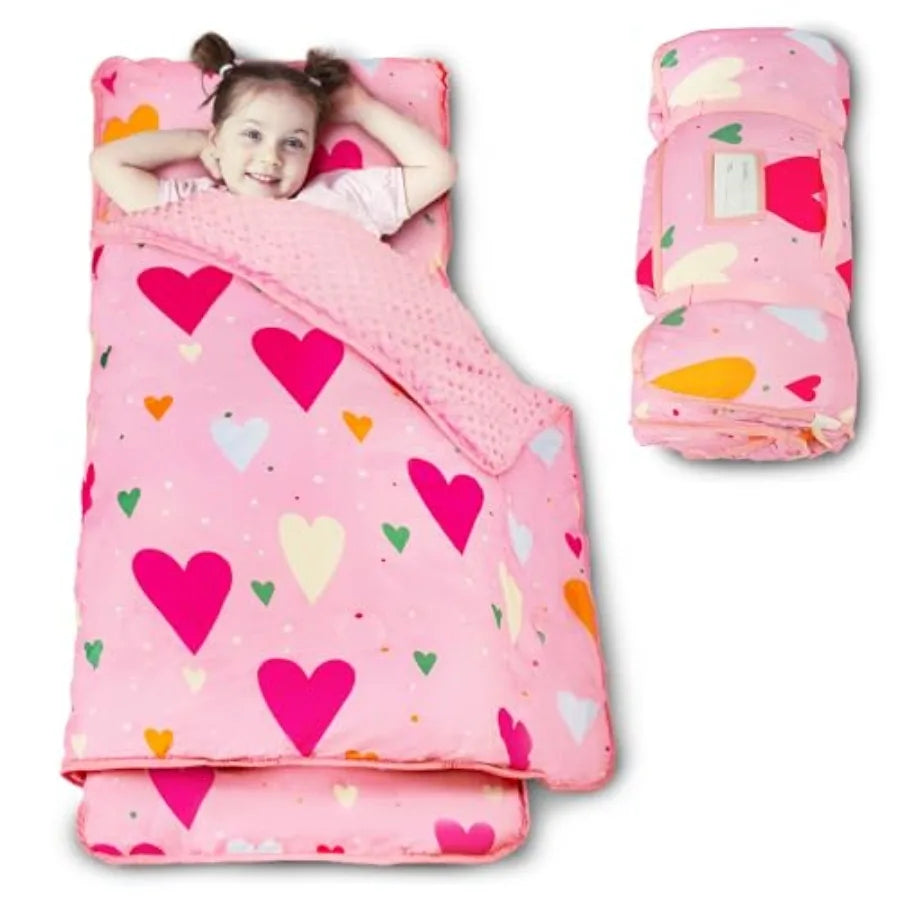 Toddler Nap Mat with Pillow and Minky Blanket Large 55"x38" Sleeping Bag Washable Lightweight Easy to Roll Perfect for Preschoo