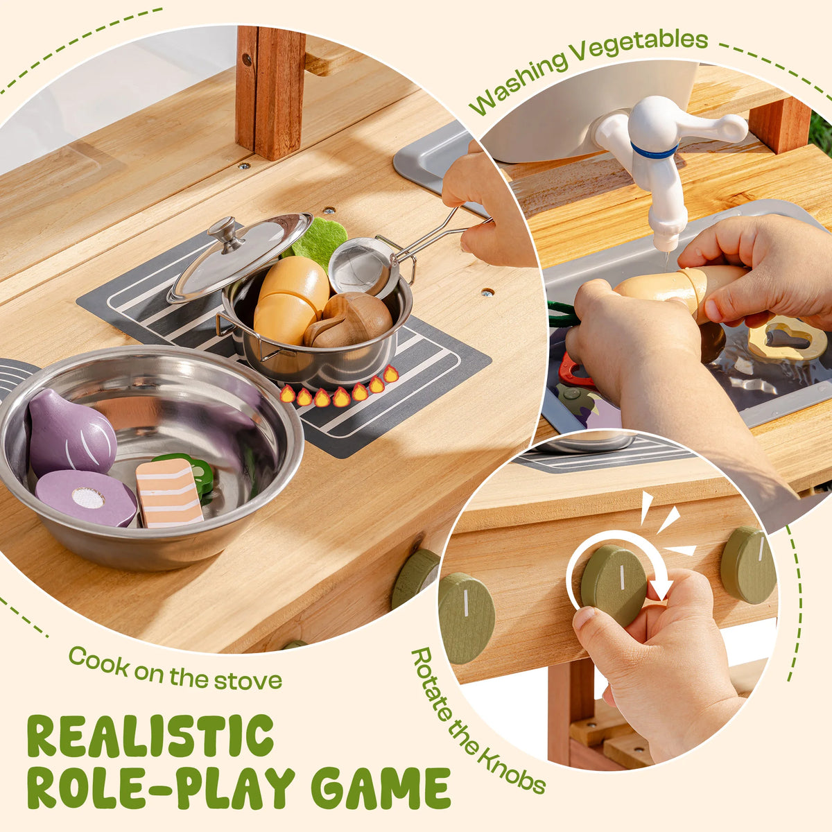 Robud Montessori Mud Kitchen Wooden Outdoor Play Kitchen with Sink Storage Develops Fine Motor Skills Ideal Gift for Kids Age 3+