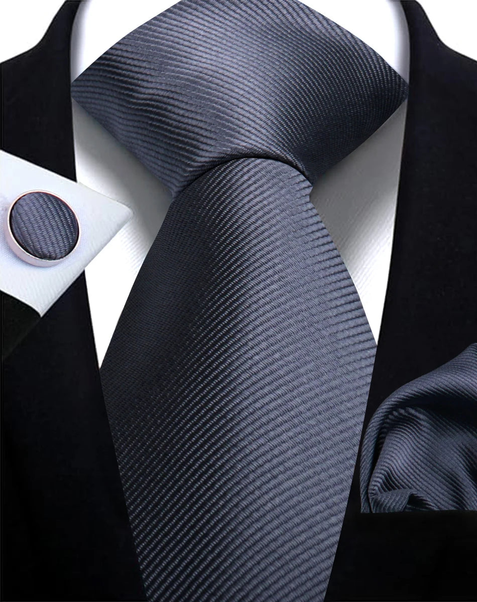 Solid Necktie Set With Handkerchief And Cufflinks For Men