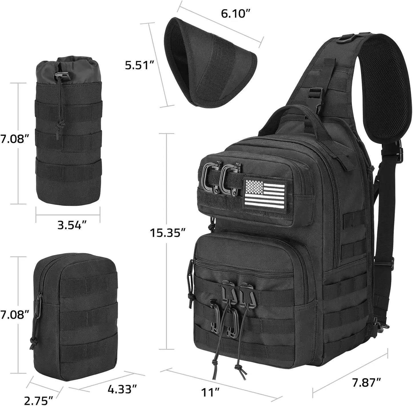 Tactical Sling Bag for Men, Detachable Molle Backpack with Bottle Holder, Hidden Pocket, EDC Hiking Daypack, Black