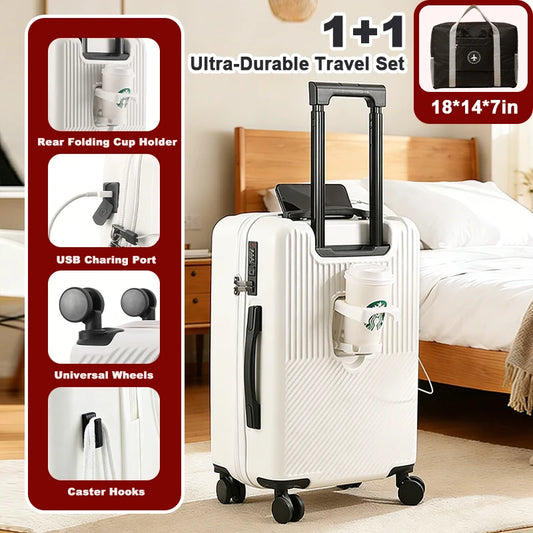 20in carry on luggage+luggage Bag Set, with cup holder and charger, with 360°Spinner Wheels TSA Lock and Adjustable Telescopic Handle Durable Travel Suitcases
