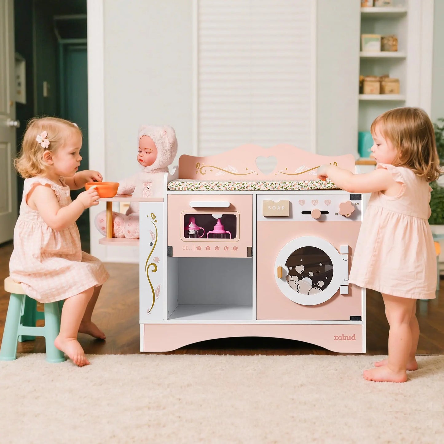 ROBUD Baby Doll Crib Pink Pretend Play Set Wooden Doll Changing Station with Seat Toy Crib Ideal Birthday Gift for Kids Age 3+