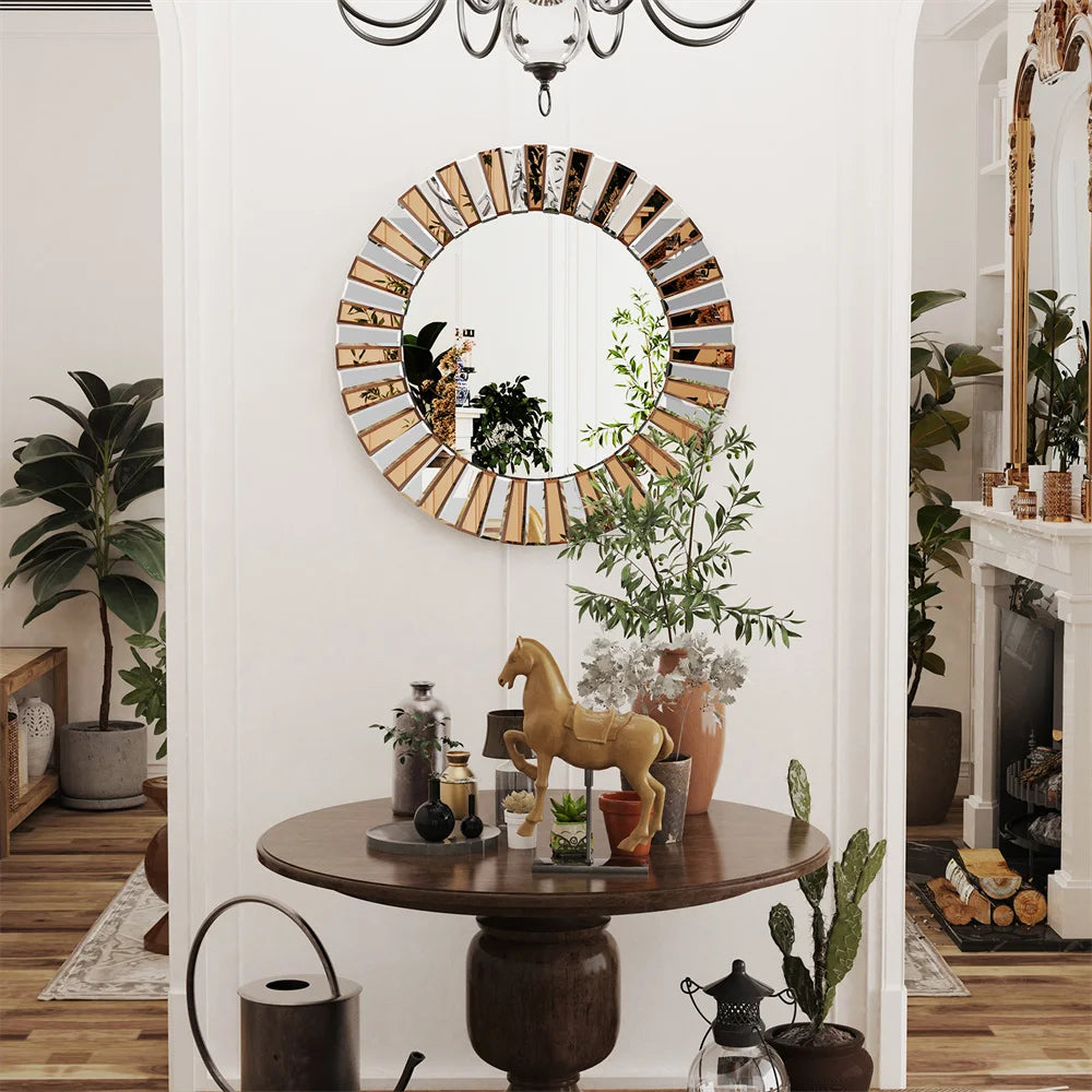 LUVODI Modern Round Sunburst Mirror Wall Art with Beveled Glass Edge for Living Room Bedroom Foyer Decor
