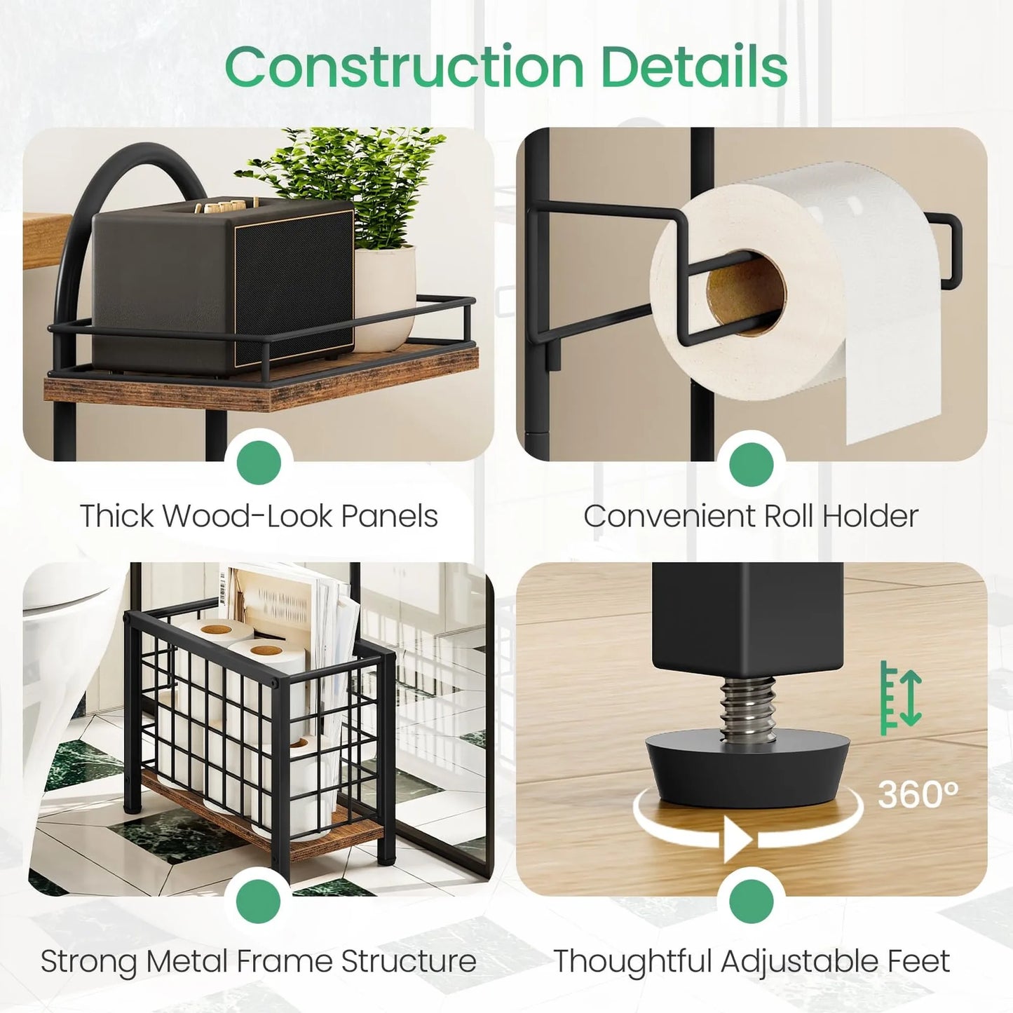 Freestanding Three Tier Bathroom Toilet Paper Holder With Storage Basket
