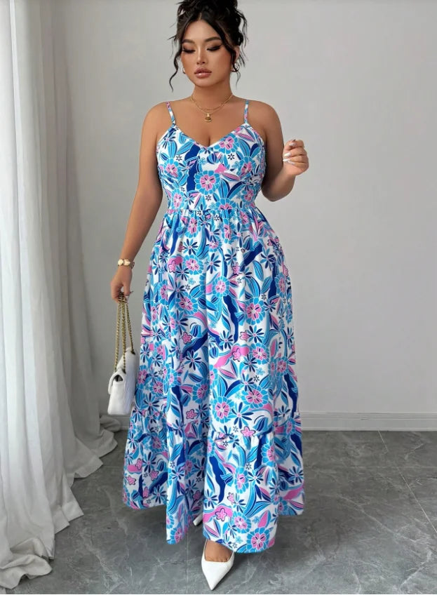 Women Elegant Floral Polyester Camisole Casual Dress