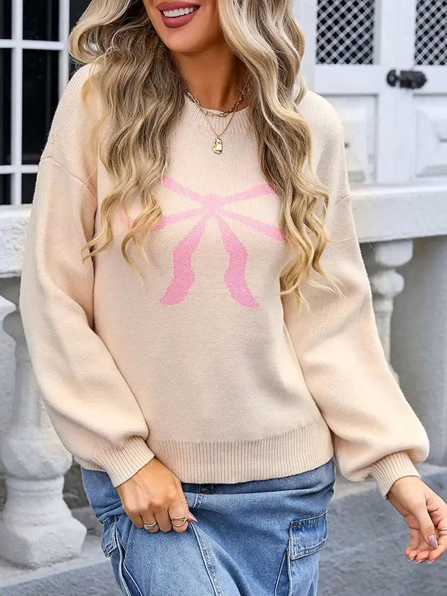Women Knitted Sweater With Bow Print Long Sleeve Round Neck Loose Pullover Fall Winter Streetwear Casual Top