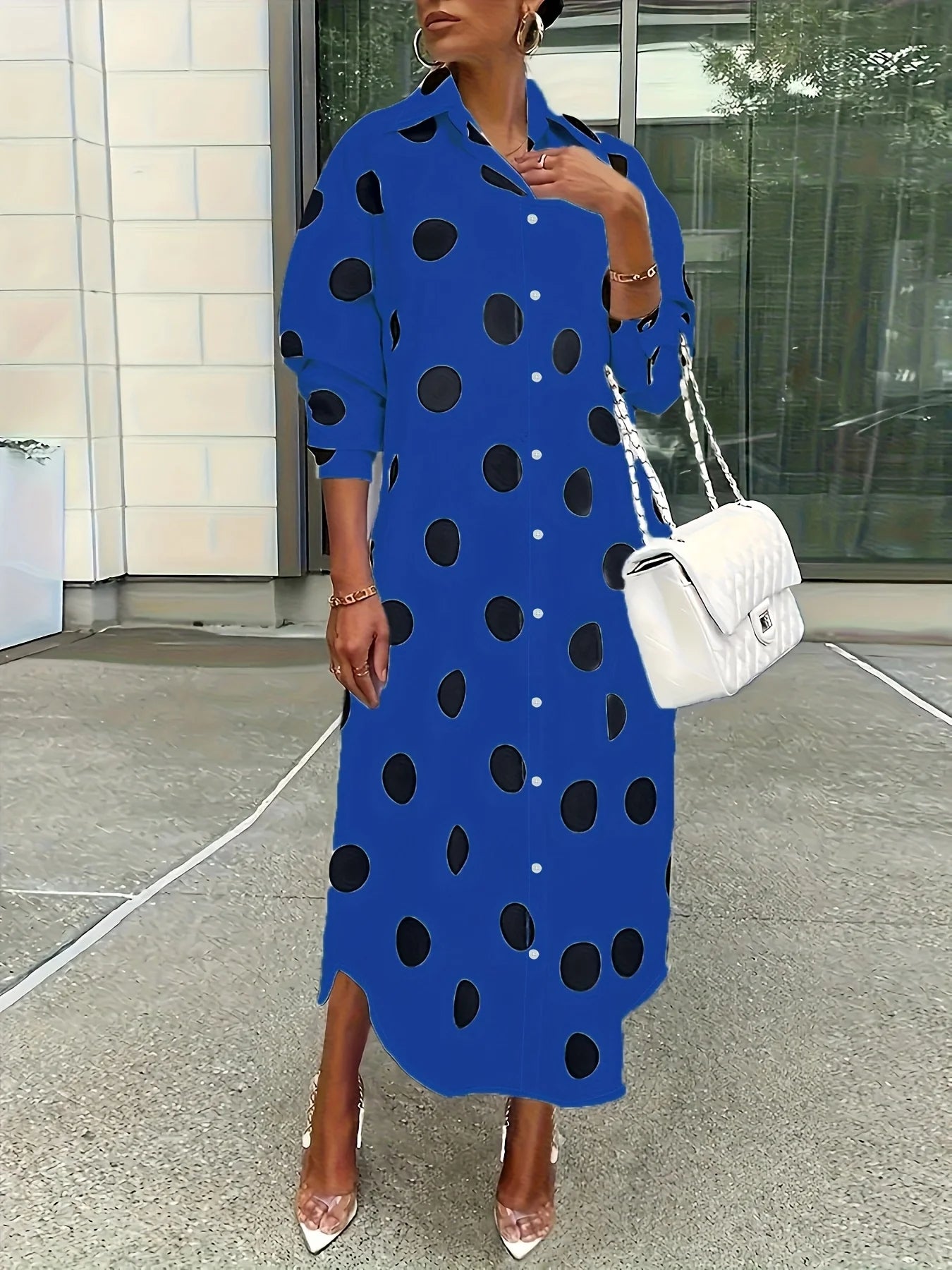 Women Polka Dot Lapel Single Breasted Midi Shirt Dress