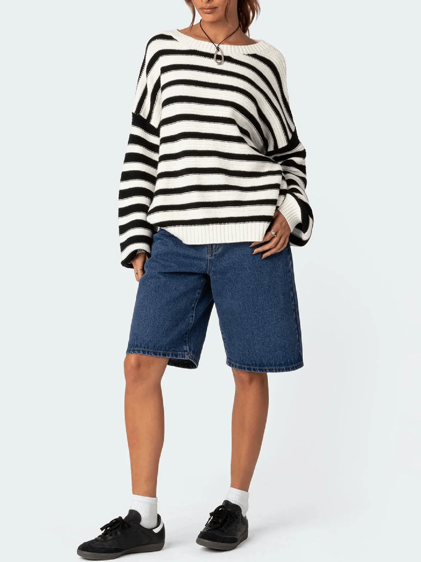 Oversized Striped Knit Sweater Long Sleeve Crew Neck Pullover Casual Vintage Preppy Style