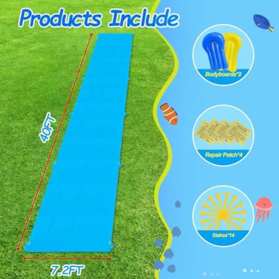Backyard water slide for kids and adults, heavy-duty PVC, blue and yellow, 40FT giant slip-and-slide with 14 stakes and 2 infla