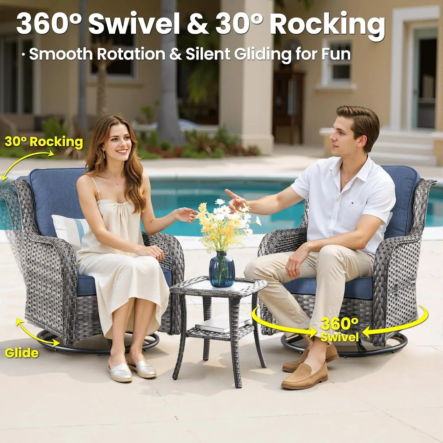 5-Piece Wicker Patio Set with Swivel Chairs & Side Table, High Back Outdoor Sofa with Cushions for Garden, Grey/Blue, Custom