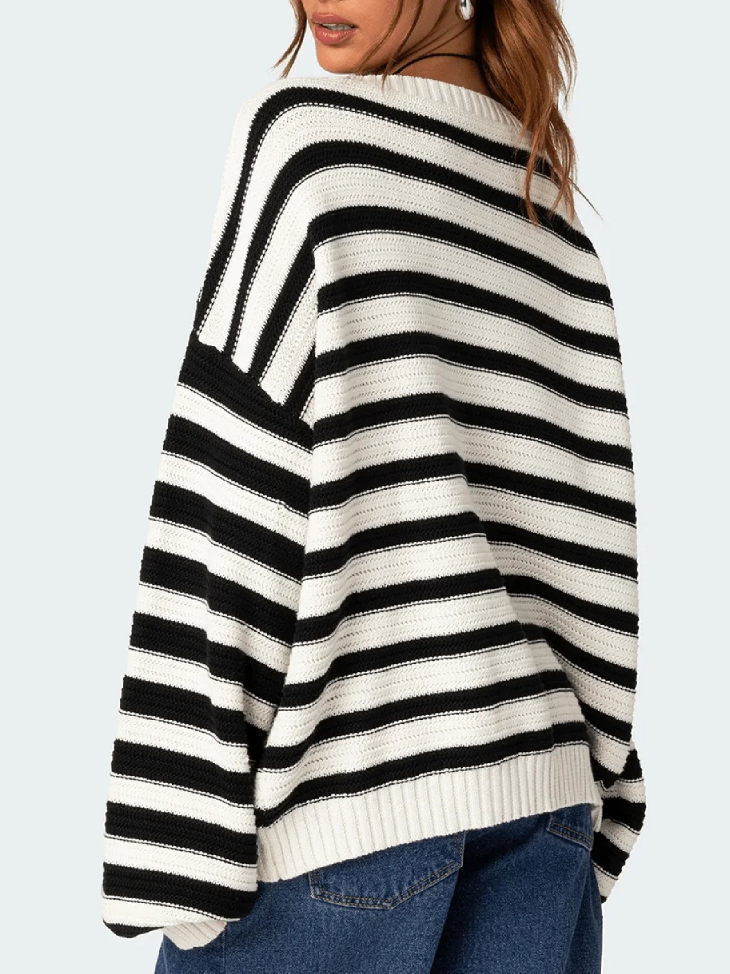 Oversized Striped Knit Sweater Long Sleeve Crew Neck Pullover Casual Vintage Preppy Style